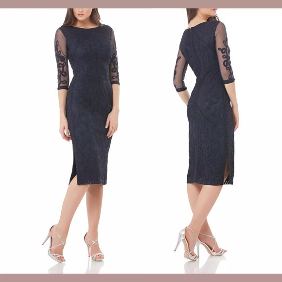 JS Collections NWT Women's Embroidered Midi Sheath Dress Size 2 Navy 3/4 Sleeves - Picture 1 of 10